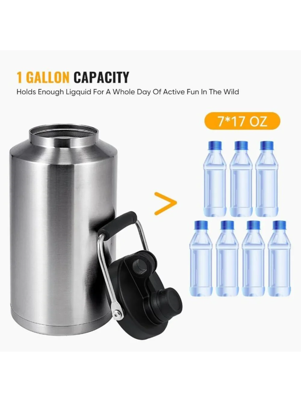 Insulated Stainless Steel Gallon Jug with Handle - 128oz Double Vacuum Water